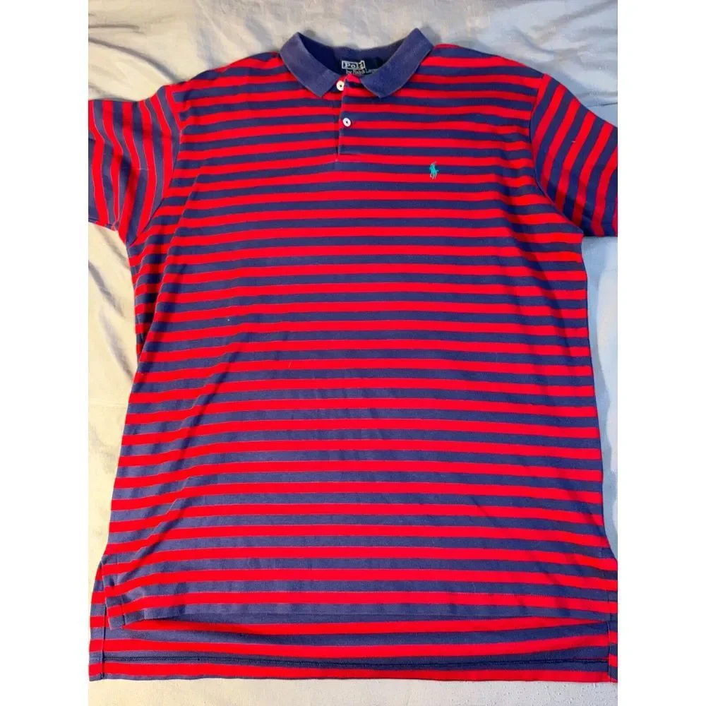 Polo by Ralph Lauren Polo Shirt Men XL Blue Red Stripe Collar High Low Slit Logo